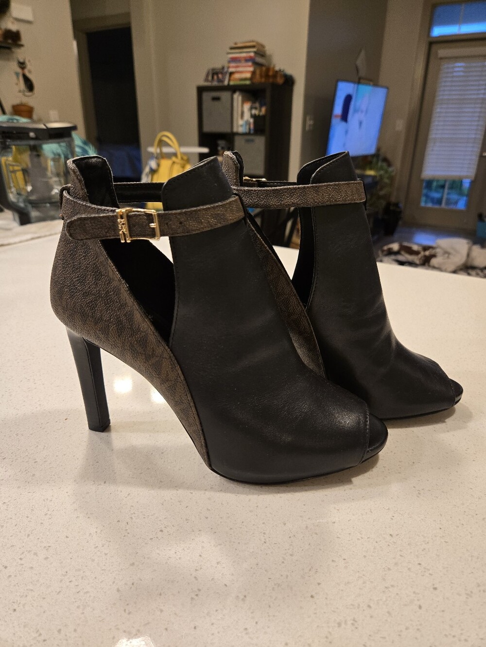 Michael Kors Black and Brown Peep-Toe Heeled Boots